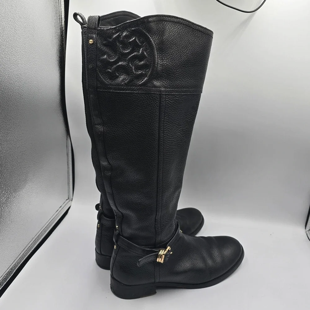 Tory Burch Black Pebbled Leather Riding Boots Size 9M Embossed Logo Gold Buckle